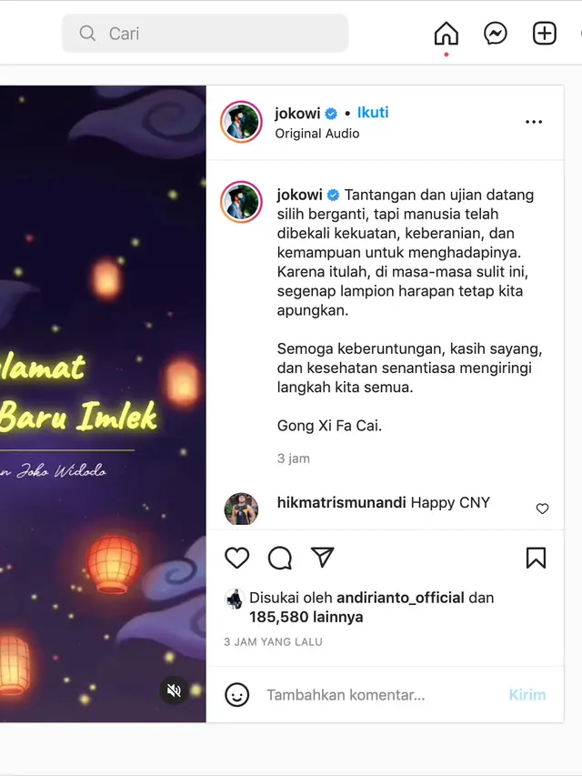 Unggahan Presiden Jokowi. (Foto: Instagram terverifikasi @jokowi)