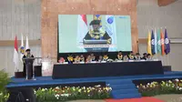 Rektor Universitas Mercu Buana (UMB) Prof. Dr. Andi Adriansyah, M. Eng., memberikan sambutan dalam acara pengukuhan tiga Guru Besar baru di lingkungan UMB, Rabu (7/2/2024). (Ist)