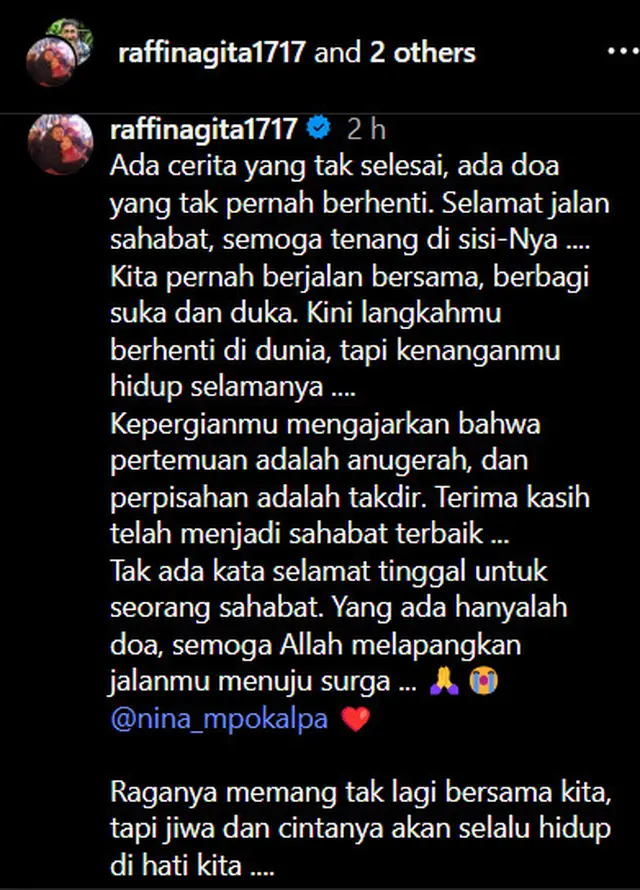Ucapan duka sekaligus pesan hangat dari Raffi Ahmad yang mengenang kebersamaan Mpok Alpa dengan dirinya. (Foto: Instagram/@raffinagita1717)
