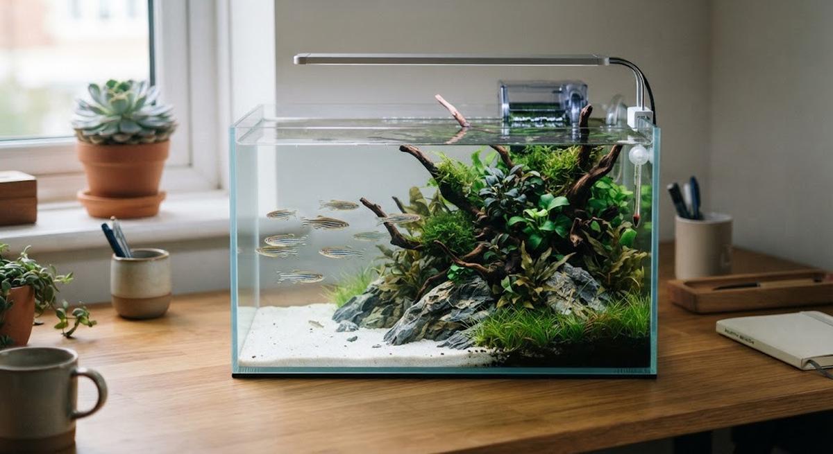 Ide akuarium mini untuk meja kerja model akuarium dengan batu dan kayu