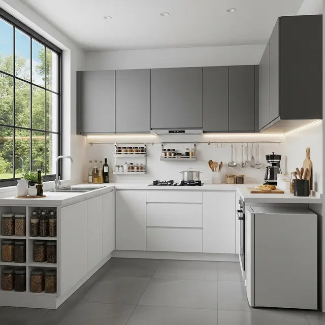 Inspirasi Dapur Hidup di Lahan Terbatas; Dapur dengan Kitchen Set Berbentuk U dan Jendela Besar