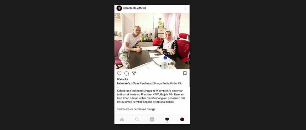 Kabar Ferdinand Sinaga mundur dari Kelantan FA. (Bola.com/Dok. Kelantan FA)
