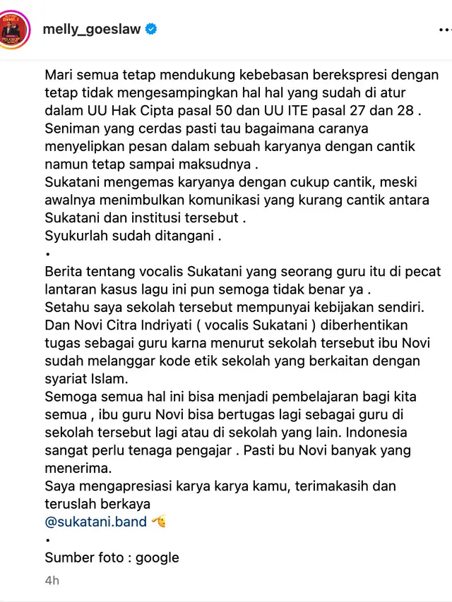 Unggahan Melly Goeslaw. (Foto: Dok. Instagram @melly_goeslaw)