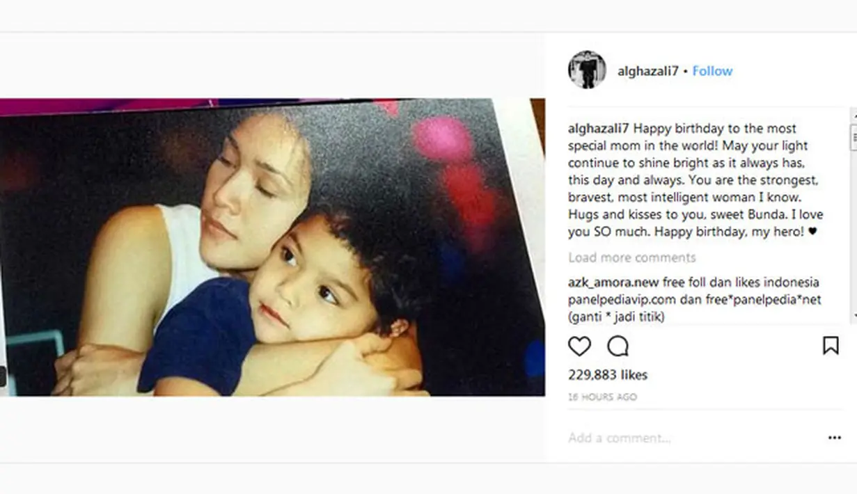 Mengunggah foto kecilnya bersama sang bunda, Al menuliskan keterangan foto dengan kalimat yang romantis. Selain memberikan ucapan, Al juga memuji kehebatan yang dimiliki bundanya tersebut. (Instagram/alghazali)