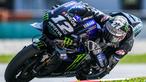 Pebalap Yamaha, Maverick Vinales, saat beraksi pada tes pramusim MotoGP 2019 di Sirkuit Sepang, Kamis (7/2). Pada tes pramusim kali ini Maverick Vinales menduduki posisi pertama dengan catatan waktu 1 menit 58.897 detik. (AFP/Mohd Rasfan)
