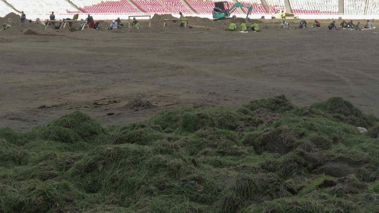 Kualitas rumput lapangan Stadion GBK saat itu tampak rusak dan tidak rata.&nbsp;Liputan6.com/Herman Zakharia