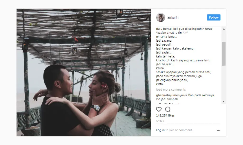 Jejak kemesraan hubungan Oka Mahendra putra dan Awkarin yang tertinggal di instagram. (Foto: instagram.com/awkarin)