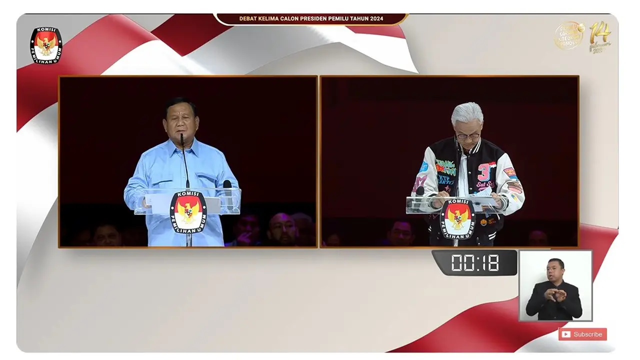 Calon Presiden (Capres) nomor urut 02 Prabowo Subianto dan Capres nomor urut 03 Ganjar Pranowo saat membacakan visi misi di debat Pilpres 2024 terakhir yang digelar Minggu (4/2/2024) di JCC.