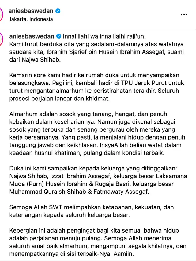 Unggahan Anies Baswedan. (Foto: Dok. Instagram @aniesbaswedan)