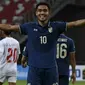 Teerasil Dangda. Striker Thailand berusia 34 tahun milik BG Pathum United yang kini masih bermain di Piala AFF 2022 dan telah mencetak 2 gol ini menjadi pemain dengan koleksi gol terbanyak Piala AFF sepanjang masa. Termasuk dua gol terkini, Teerasil Dangda telah mencetak total 24 gol. Hingga kini ia telah 4 kali meraih gelar top skor di Piala AFF pada edisi 2008, 2012, 2016 dan edisi 2020. (AFP/Roslan Rahman)