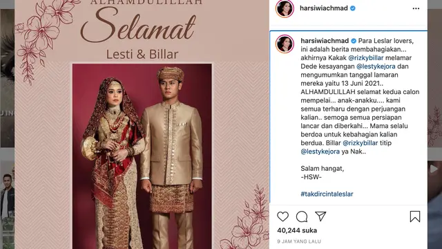 Unggahan Harsiwi Achmad soal lamaran Rizky Billar dan Lesti Kejora. (Foto: Dok. Instagram @harsiwiachmad)