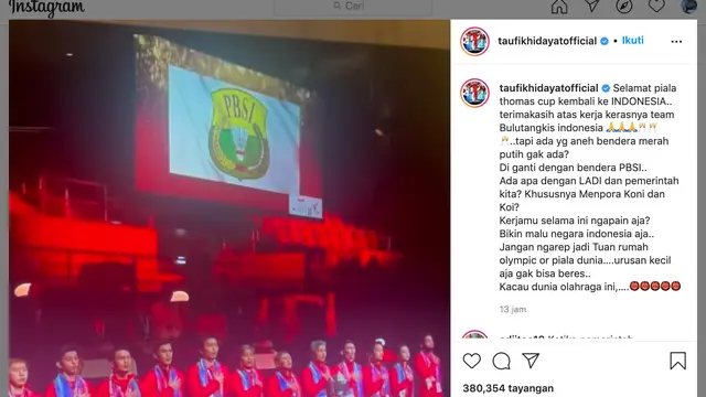 Unggahan Taufik Hidayat. (Foto: Instagram @taufikhidayatofficial)