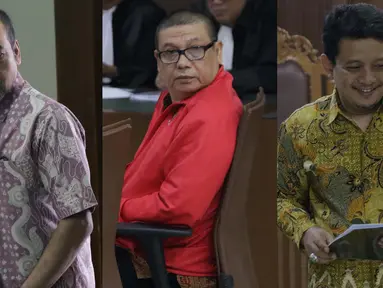 Foto kolase Deputi IV Kemenpora, Mulyana, PPK Kemenpora Adhi Purnomo dan staf Kemenpora Eko Triyanta (kiri ke kanan) saat sidang pledoi di Pengadilan Tipikor, Jakarta, Kamis (29/8/2019). Sebelumnya, JPU KPK menuntut mereka hukuman antara 5 sampai 7 tahun penjara. (Liputan6.com/Helmi Fithriansyah)