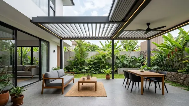 Inspirasi Teras Belakang dengan Atap Pergola dan Penutup Hujan yang Dapat Dibuka