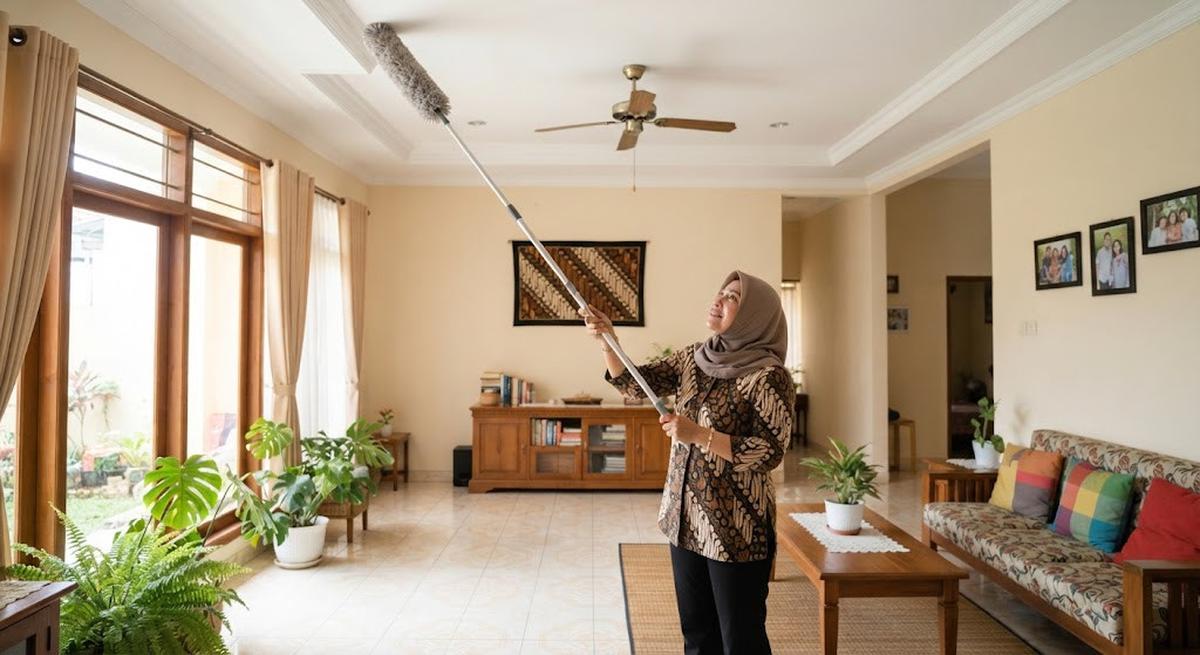 Cara membersihkan plafon tanpa tangga dengan membersihkan secara berkala sebelum berdebu