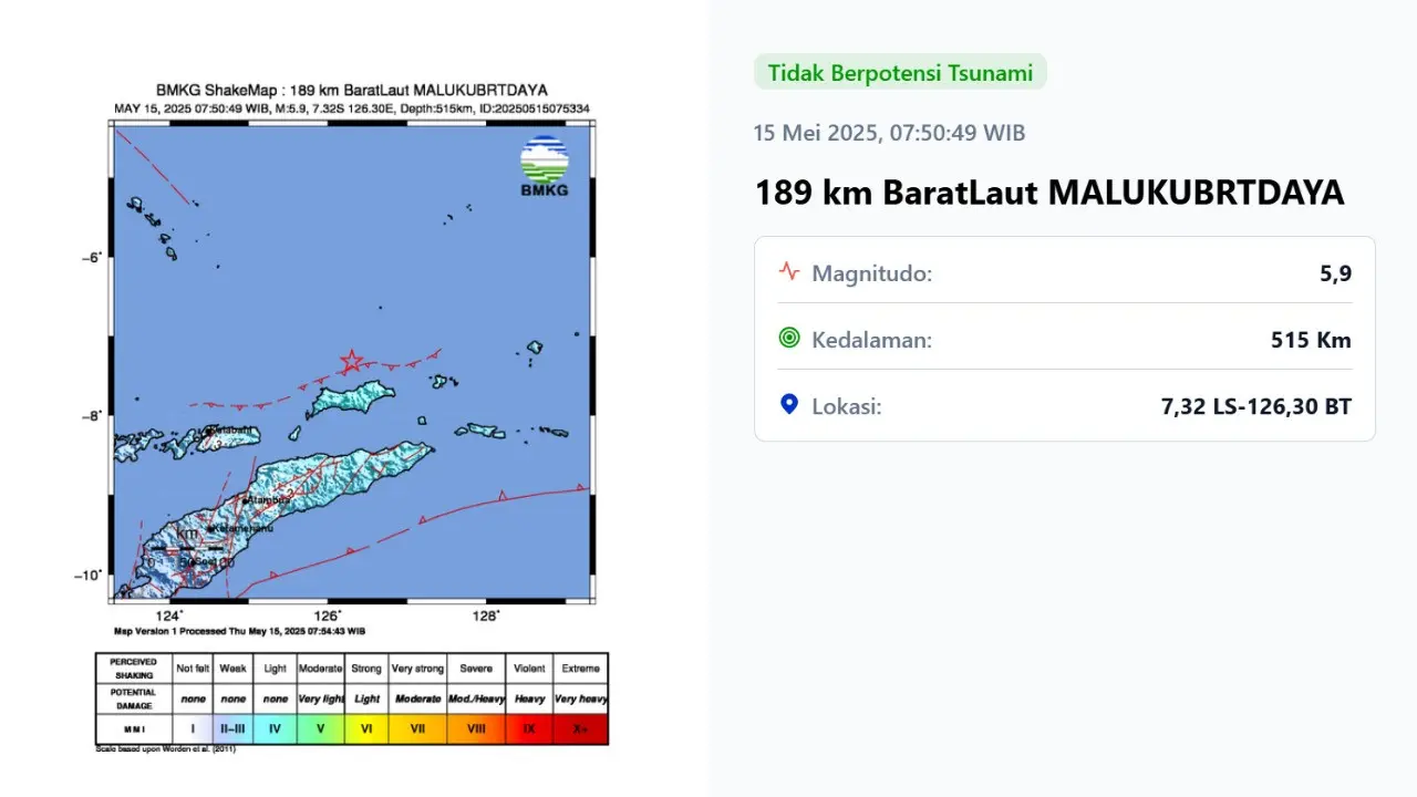 Gempa hari ini, Kamis (15/5/2025) menggetarkan pukul 07:50:49 WIB di wilayah Maluku Barat Daya, Provinsi Maluku.
