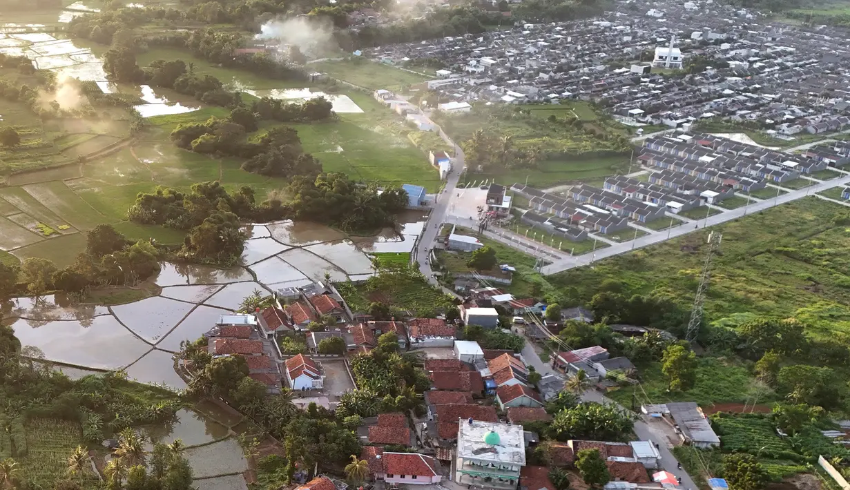Foto udara lahan pertanian yang berdampingan dengan kawasan perumahan di Parung Panjang, Bogor, Jawa Barat, Minggu (12/1/2025). (merdeka.com/Arie Basuki)