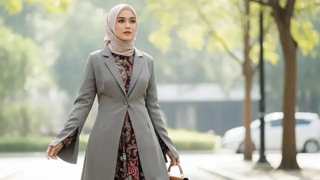 Model Gamis Terbaru Batik Kombinasi Blazer
