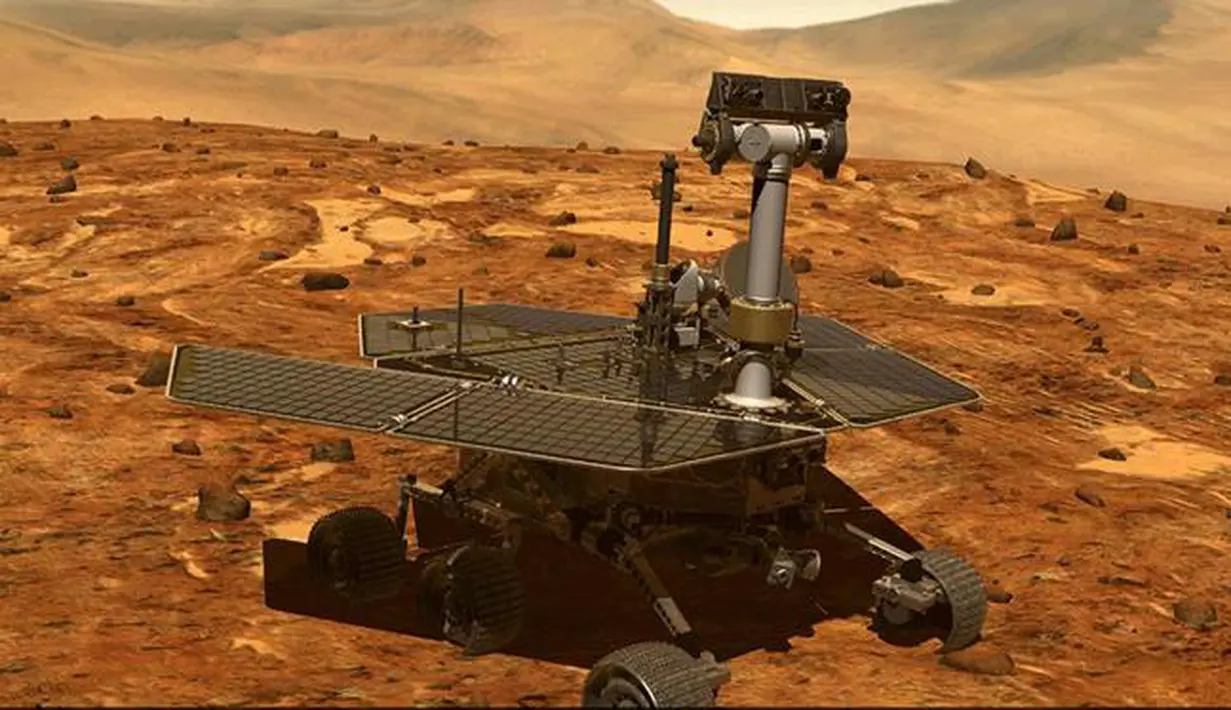 Roh penjelajah ini adalah salah satu dari dua yang diluncurkan ke Mars pada pertengahan 2003. 'Penemu Mars' ini tiba pada Januari 2004, dilengkapi baterai instrumen ilmiah. (businessweek.com)