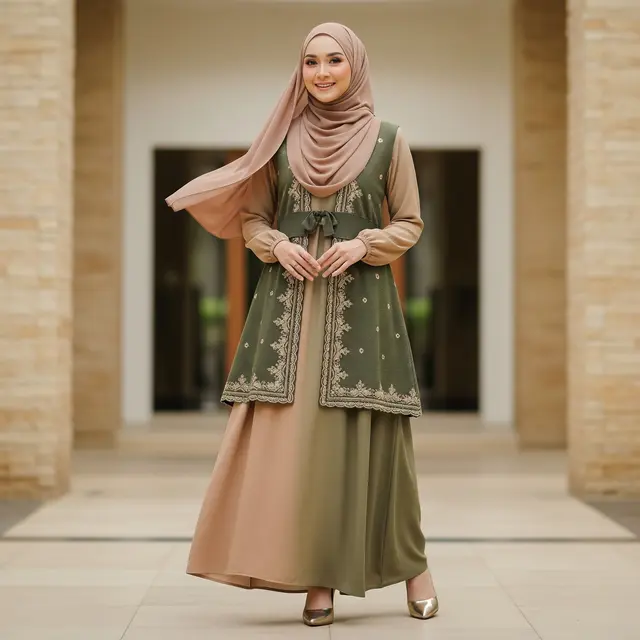 Model Gamis Rompi Lepas Pendek dengan Aksen Layer