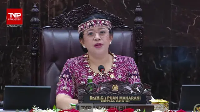 Ketua DPR RI Puan Maharani pada Pidato Presiden RI tentang RAPBN Tahun Anggaran 2024 Beserta Nota Keuangan di Gedung MPR DPR, Jakarta.