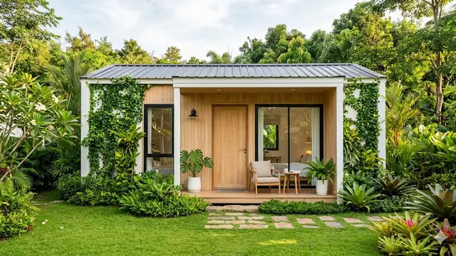 Model Rumah Mungil dengan Tanaman Rambat di Sisi Rumah