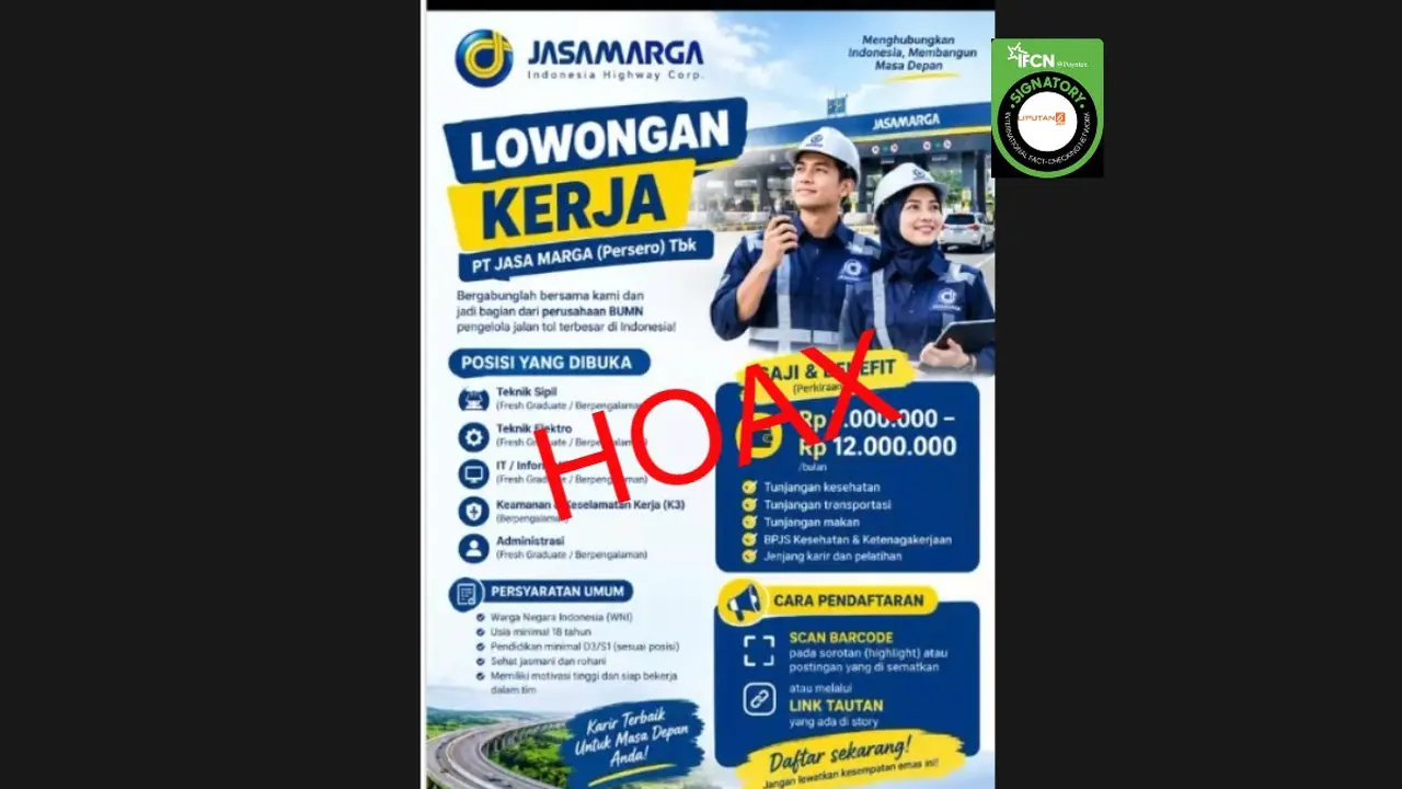 Cek Fakta Liputan6.com mendapati klaim tautan pendaftaran lowongan kerja dari Jasa Marga 2026.