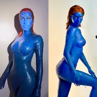 Lihat gaya Anya Geraldine dan Kim Kardashian yang sama-sama cosplay jadi Mystique saat merayakan Halloween.