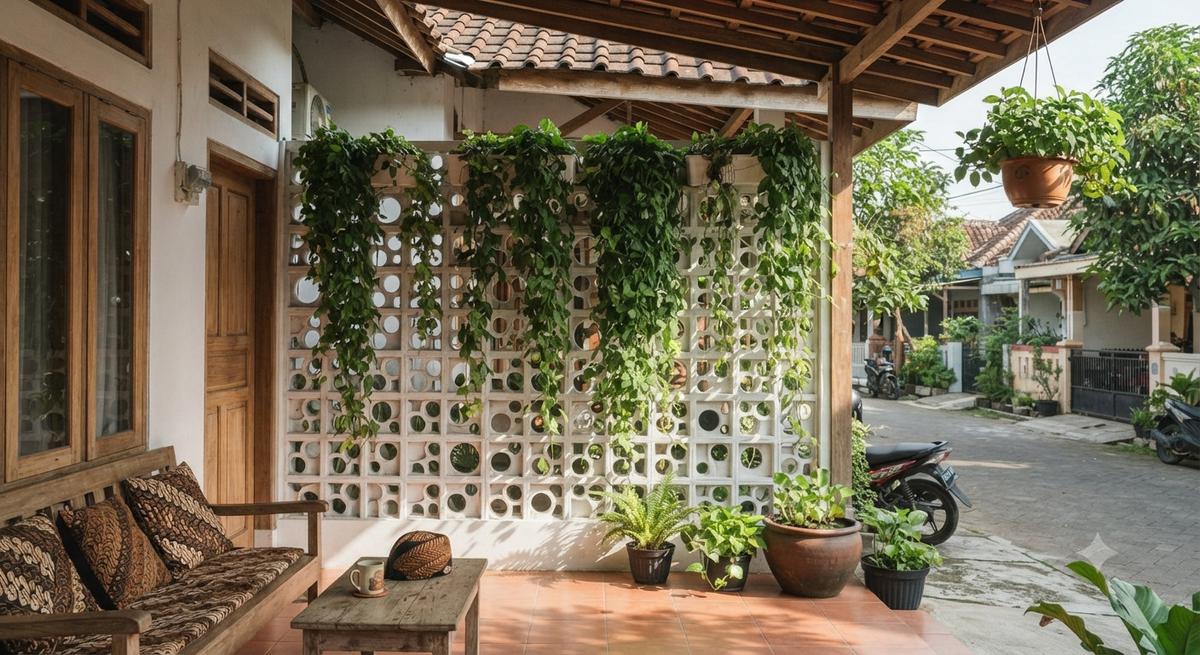 Inspirasi Teras Rumah dengan Roster dan Tanaman Rambat, Bikin Hunian Sejuk dan Estetik Model Lingkaran dengan Tanaman Lee Kuan Yew