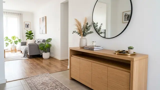 Ide meja konsol di rumah yang bikin ruangan tampak rapi dan modern model konsol kabinet tertutup