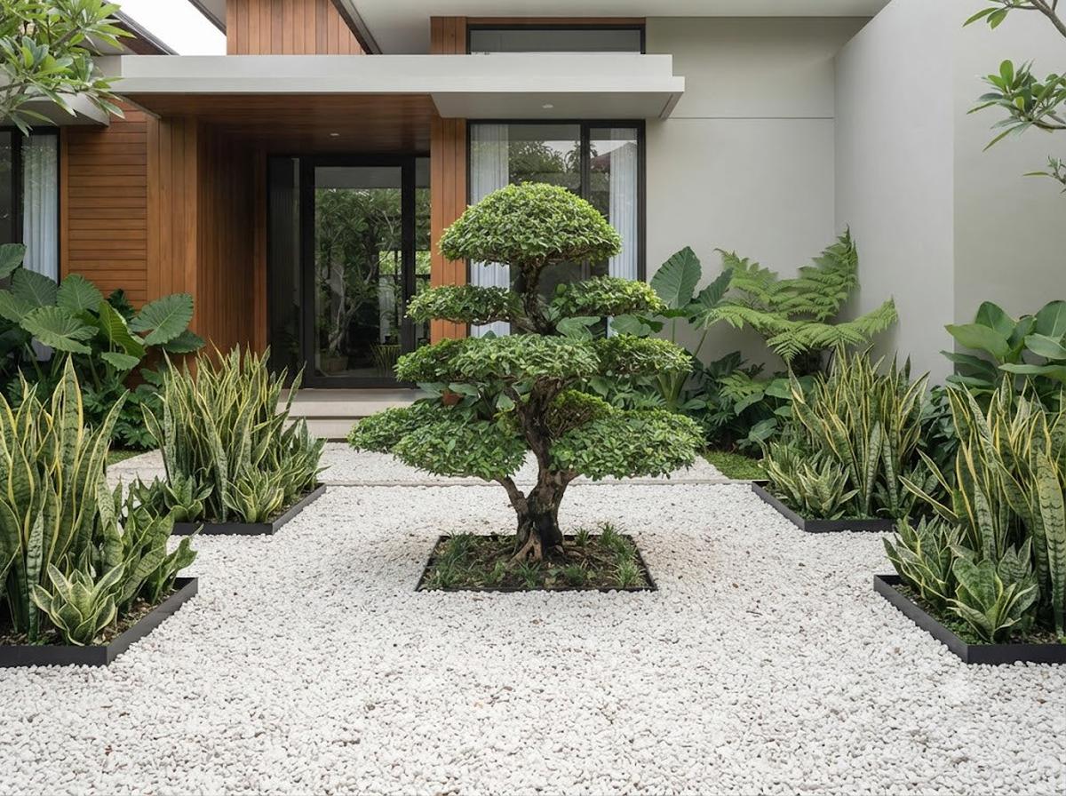 Desain Gravel Garden dengan Pohon Kecil agar Halaman Terlihat Sejuk