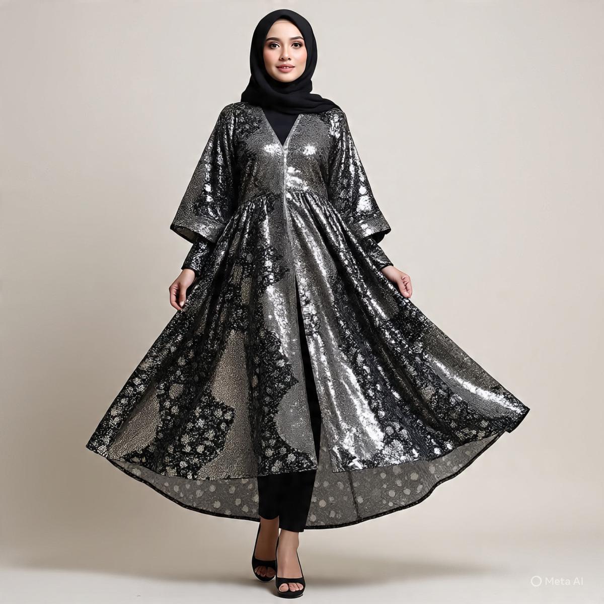 Ilustrasi Gamis Batik Kombinasi Hitam Polos dan Silver