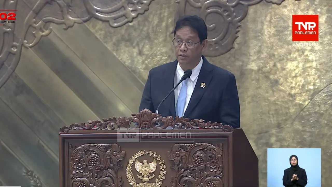 Menkeu Purbaya saat Rapat Paripurna DPR di Jakarta, Kamis (27/8/2026). (Liputan6.com/Arief Rahman H)