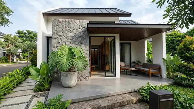Ide Teras Dinding Batu Tempel dan Monstera