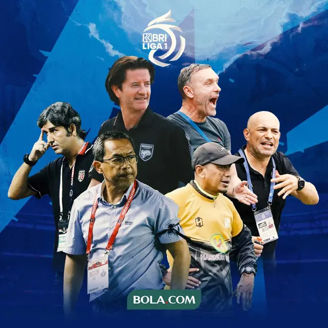 BRI Liga 1 -  Aji Santoso (Persebaya) dan Rahmad Darmawan (Barito Putera) Dikelilingi Thomas Doll, Stefano Teco, Bernardo Tavares, dan Pieter Huistra