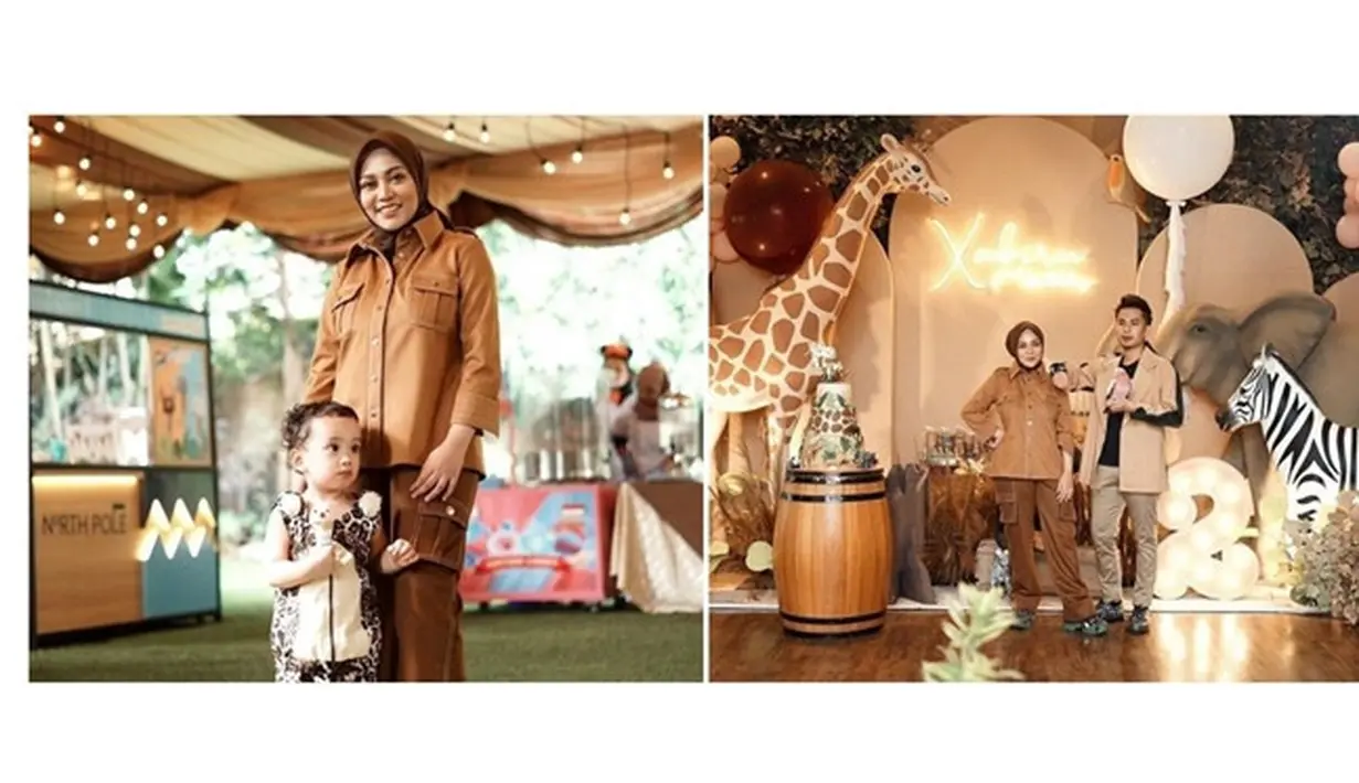 Saat ulang tahun Xabiru yang ke-2 tahun, Rachel Vennya dan Okin usung tema safari atau kebun binatang. Rachel tampil stylish pakai jumpsuit warna cokelat yang senada dengan tema warna dekorasi ultah Xabiru. Sementara Xabiru tampil gemas dengan baju tanpa lengan dengan corak macan tutul. (Liputan6.com/IG/@rachelvennya)