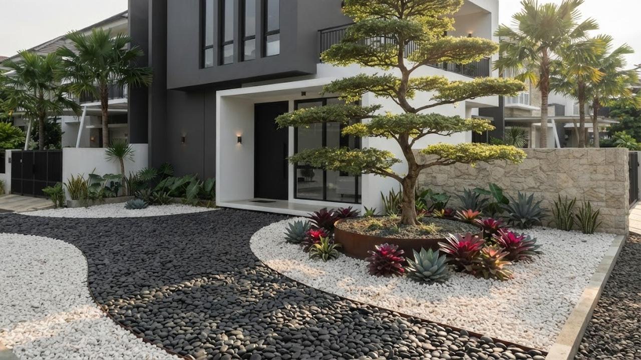 Gravel Garden Bernuansa Tropis dengan Batu Kali