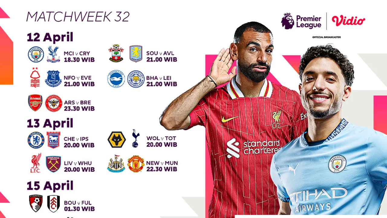 Jadwal Siaran Langsung Liga Inggris 2024/25 Matchweek 32 di Vidio