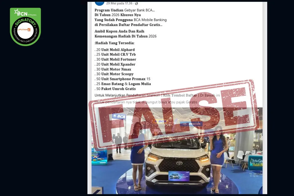 Cek Fakta Liputan6.com menangkap layar klaim pendaftaran undian gebyar BCA 2026.