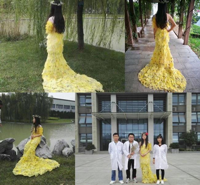 Gaun yang terbuat dari daun ini dirancang dan dikerjakan oleh empat mahasiswa di Universitas Hefei/copyright odditycentral.com