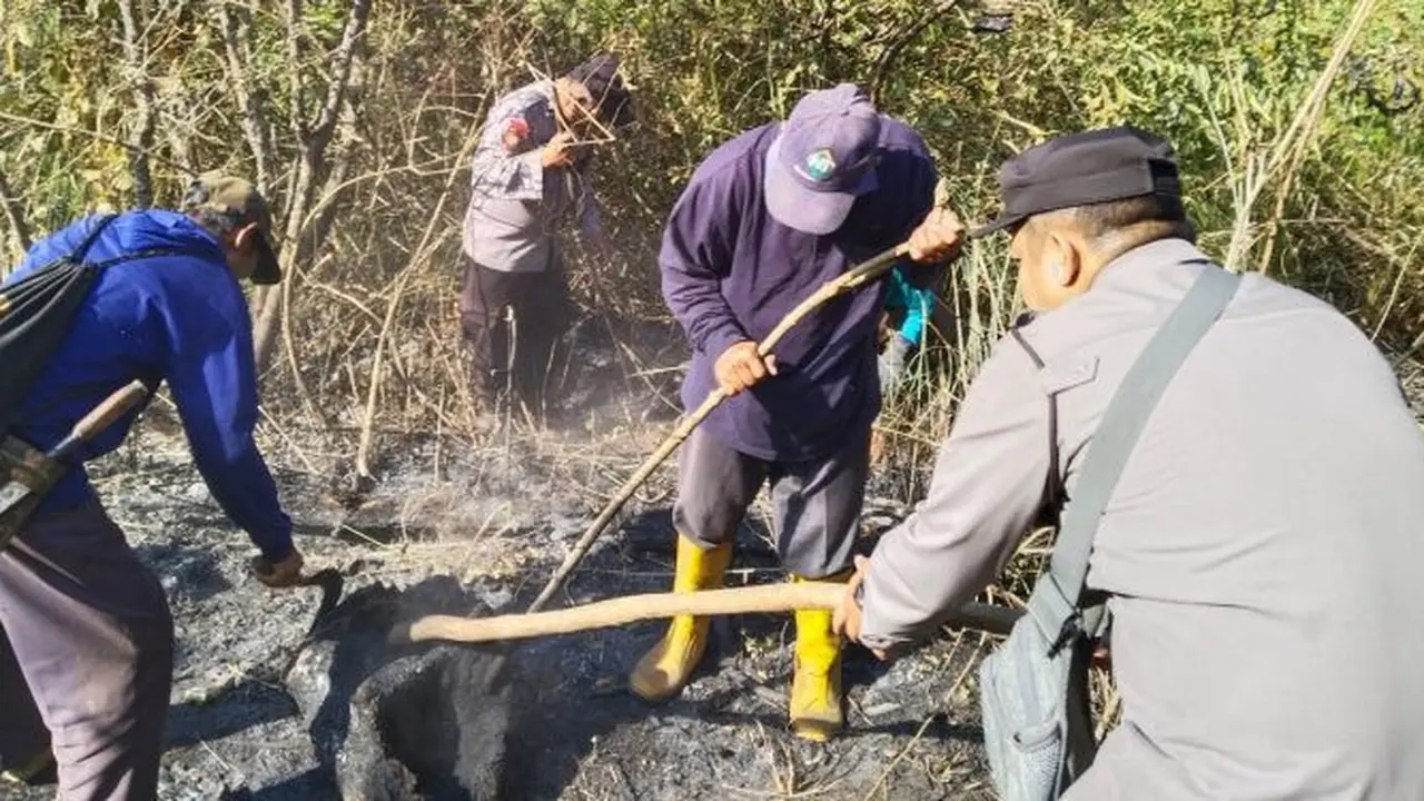 Petugas gabungan memadamkan api di Gunung Lawu. (Istimewa)