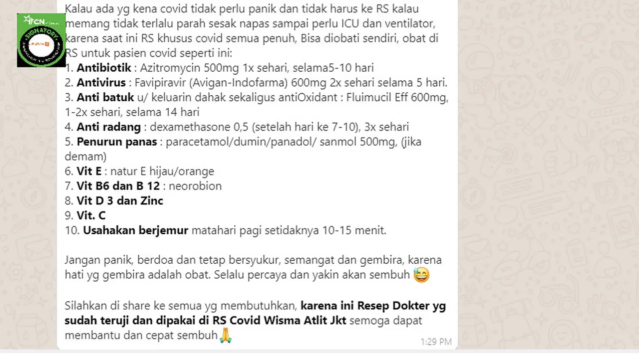 Cek Fakta Liputan6.com, menelusuri klaim resep pengobatan Covid-19 mandiri dari dokter Rumah Sakit Wisma Atlet