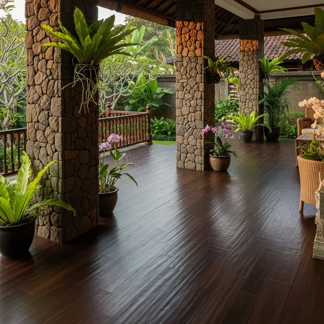 Perpaduan Lantai Teras Motif Kayu dengan Rumah Desa Sederhana