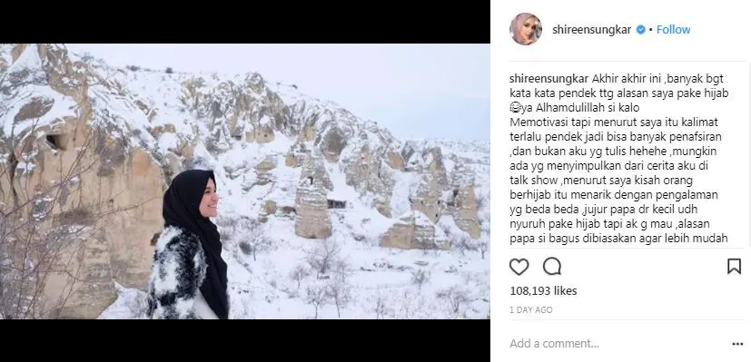Shireen Sungkar curhat mengenai alasan berhijab (Instagram/@shireensungkar)