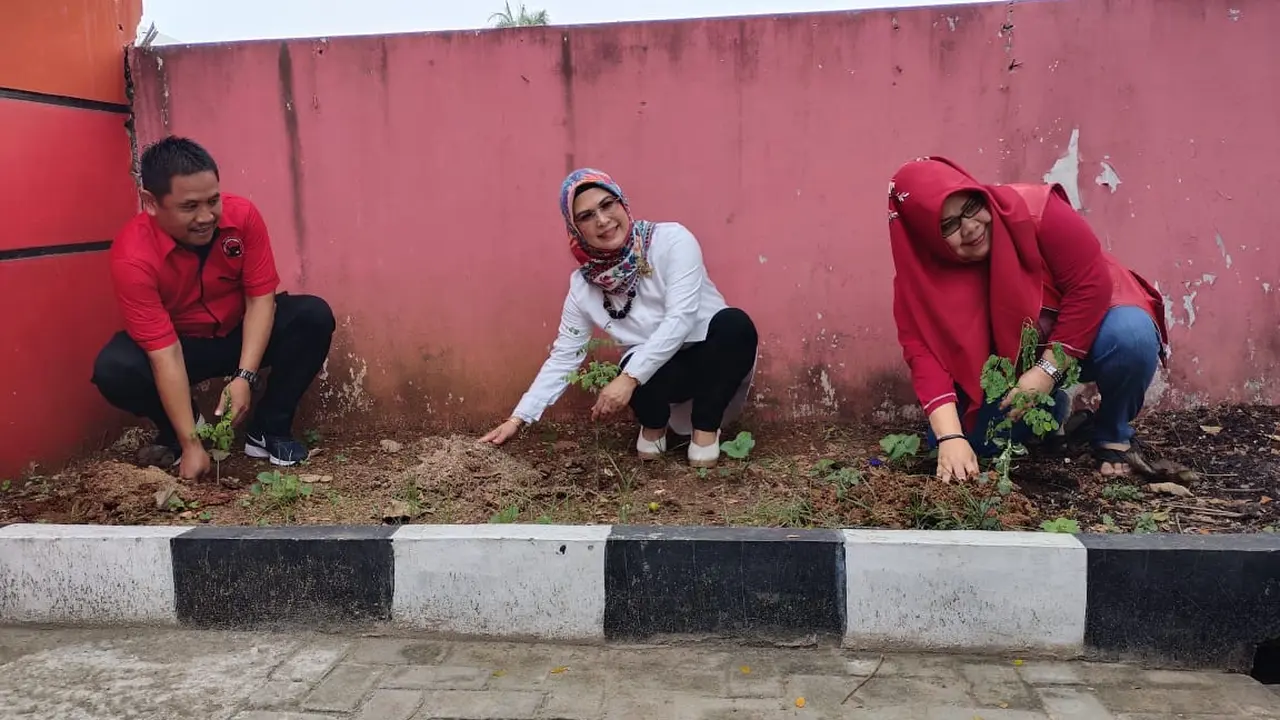 Bakal Calon (Bacalon) Wali Kota Tangerang Selatan, Siti Nur Azizah menanam bibit pohon Kelor di Kantor DPD PDI Perjuangan Banten.