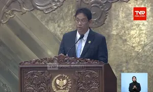 Menkeu Purbaya saat Rapat Paripurna DPR di Jakarta, Kamis (27/8/2026). (Liputan6.com/Arief Rahman H)