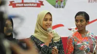 Calon Paskibraka Nasional 2019 asal Riau, Tri Setya Negara Putri atau biasa dipanggil Tia saat kampanye pemilihan Bu Lurah Desa Bahagia di PP-PON Cibubur, Jakarta Timur. (Foto: Liputan6.com/Sammy 'Azmi).