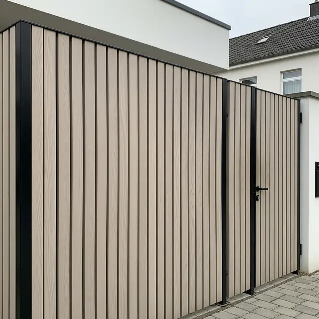 Model Pagar Rumah Modern Tanpa Motif Ramai dengan Sentuhan Kayu Natural (Image by Gemini AI)