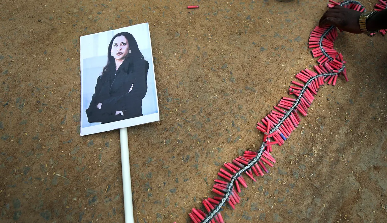 Potret Wakil Presiden AS terpilih Kamala Harris tergeletak di tanah saat seorang warga desa bersiap untuk menyalakan petasan menjelang pelantikan Harris di Thulasendrapuram, selatan Chennai, Tamil Nadu, India, Rabu (20/1/2021). Warga mengaku bangga Harris jadi Wapres AS. (AP Photo/Aijaz Rahi)