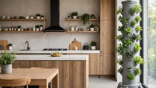 Ide Kebun Sayur Vertikal dari Paralon Bekas di Dapur Terbuka (AI Generated)